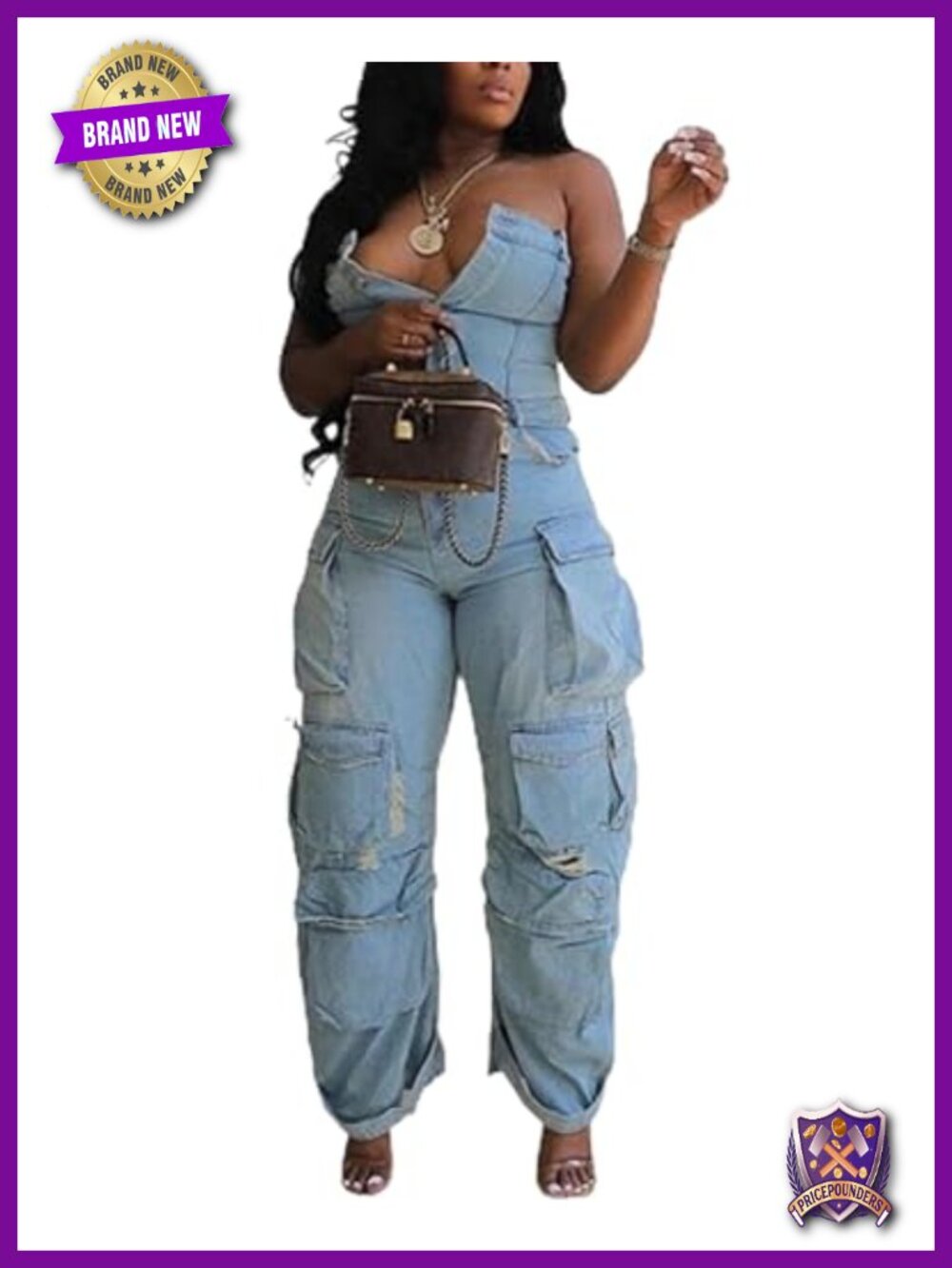 Women's Denim Cargo Jumpsuit Off Shoulder Wide Leg Overalls Sleeveless